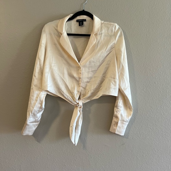 Sincerely Jules Cream Long Sleeve Tie Front Crop Shirt - Picture 1 of 3